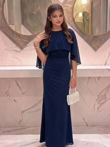 SHEIN Tween Girl Tween Girl Tween Girl Partywear Deep Blue Elegant Fitted Dress - Navy Blue - View 3