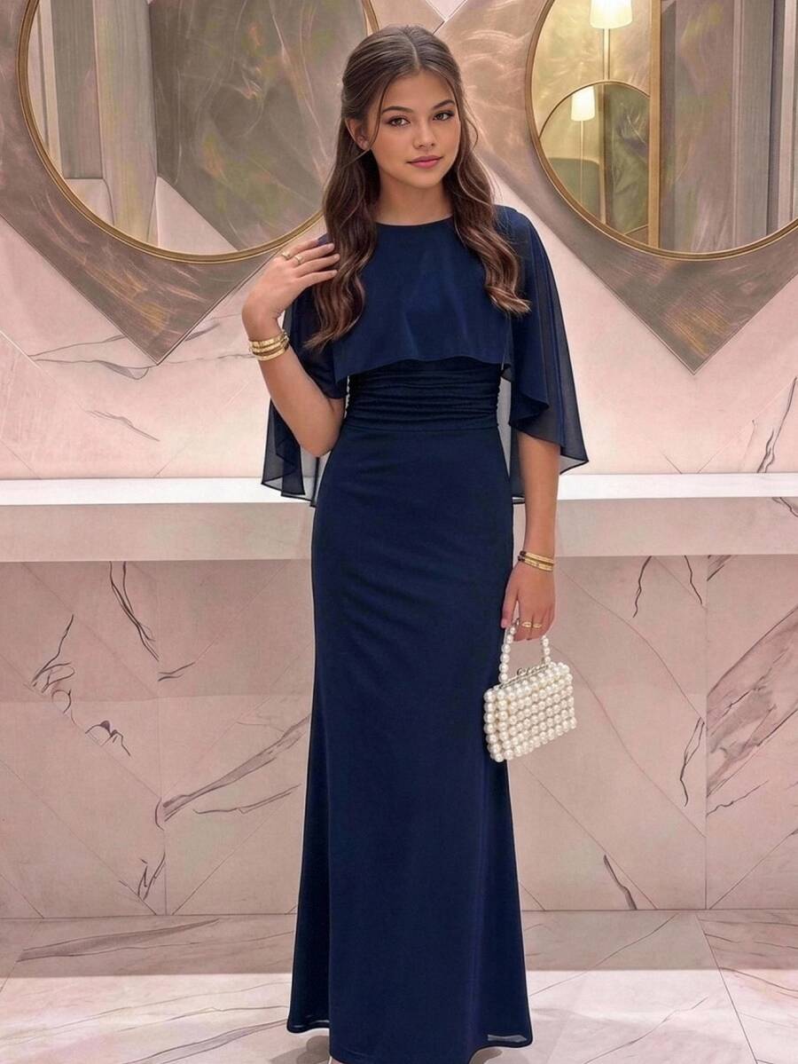 SHEIN Tween Girl Tween Girl Kids Partywear Deep Blue Elegant Fitted Dress - Navy Blue - View 1