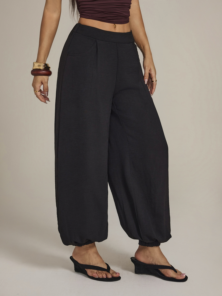 Sinnesro 2026 Women's Autumn Plain Black Trousers,High Waist Wide-Leg Design Casual Vacation Resort Pants,Stylish Bohemian Street Style,Petite Women - Black - View 3