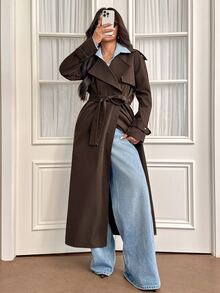 Sinnesro Women's Dark Brown Autumn/Winter British-Style Double-Breasted Lace-Up Lapel Long Trench Coat - Brown - View 7