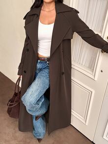 Sinnesro Women's Dark Brown Autumn/Winter British-Style Double-Breasted Lace-Up Lapel Long Trench Coat - Brown - View 4