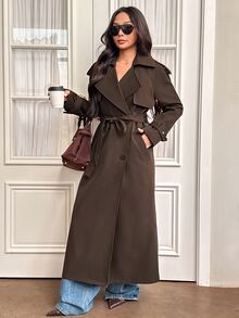Sinnesro Women's Dark Brown Autumn/Winter British-Style Double-Breasted Lace-Up Lapel Long Trench Coat - Brown - View 6