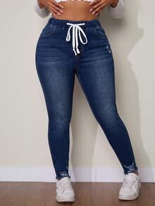 Slaydiva Plus Size Women's Drawstring Elastic Waist Versatile Denim Jeans Concert Evening Formal Party Vacation Blue And White Summer Baggy Casual Western - Dark Wash - View 4
