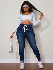 Slaydiva Plus Size Women's Drawstring Elastic Waist Versatile Denim Jeans Concert Evening Formal Party Vacation Blue And White Summer Baggy Casual Western - Dark Wash - View 7