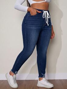 Slaydiva Plus Size Women's Drawstring Elastic Waist Versatile Denim Jeans Concert Evening Formal Party Vacation Blue And White Summer Baggy Casual Western - Dark Wash - View 5