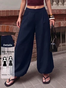 Sinnesro 2026 女款秋季度假系列：海軍藍高腰寬腿長褲，時尚休閒，適合居家、外出與海灘 - 藏蓝色 - 查看 8