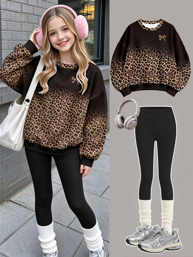 Tween Girls Autumn/Winter Fashion High-End Black Gradient Leopard Print Bowknot Design Crew Neck Sweatshirt & Leggings Set - Multicolor - View 3
