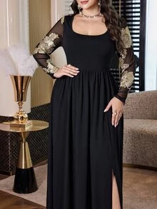 Modelyn Plus Size Women's Patchwork Jacquard Mesh Long Sleeve Square Neck Elegant Dress - Black - View 5