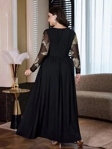 Modelyn Plus Size Women's Patchwork Jacquard Mesh Long Sleeve Square Neck Elegant Dress - Black - View 2