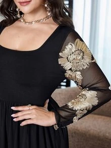 Modelyn Plus Size Women's Patchwork Jacquard Mesh Long Sleeve Square Neck Elegant Dress - Black - View 6