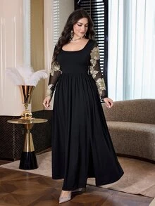Modelyn Plus Size Women's Patchwork Jacquard Mesh Long Sleeve Square Neck Elegant Dress - Black - View 9