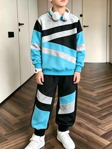 SHEIN Coolqubz 2件組青少年男孩時尚天藍色黑色運動衫長褲套裝，胸前圖案印花，時尚街頭風休閒寬鬆，適合秋季、學校、外出 - 彩色 - 查看 1