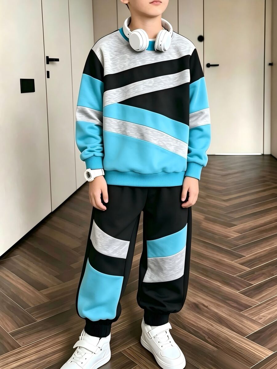 SHEIN Coolqubz 2件組青少年男孩時尚天藍色黑色運動衫長褲套裝,胸前圖案印花,時尚街頭風休閒寬鬆,適合秋季、學校、外出 - 彩色 - 查看 1