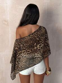 TRNVIE Spring/Summer Fashion Leopard Print Polka Dot Asymmetrical Shoulder Mesh Top For Women - Coffee Brown - View 2