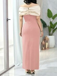 Feyla Women's Elegant Dress With Ruched Colorblock & Rhinestone Decor Off Shoulder - Pink - View 8