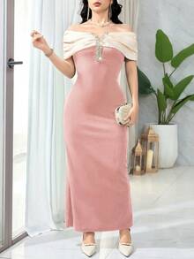 Feyla Women's Elegant Dress With Ruched Colorblock & Rhinestone Decor Off Shoulder - Pink - View 5