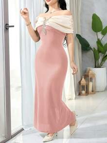 Feyla Women's Elegant Dress With Ruched Colorblock & Rhinestone Decor Off Shoulder - Pink - View 4