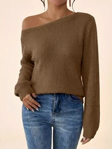 Coeurva Women's Solid Color Oblique Shoulder Long Sleeve Loose Ribbed Casual Knit Pullover Sweater In Autumn Khaki Everyday Date Brunch Going Out Weekend - Khaki - View 7