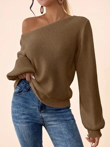 Coeurva Women's Solid Color Oblique Shoulder Long Sleeve Loose Ribbed Casual Knit Pullover Sweater In Autumn Khaki Everyday Date Brunch Going Out Weekend - Khaki - View 3
