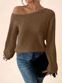 Coeurva Women's Solid Color Oblique Shoulder Long Sleeve Loose Ribbed Casual Knit Pullover Sweater In Autumn Khaki Everyday Date Brunch Going Out Weekend - Khaki - View 6