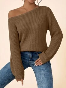 Coeurva Women's Solid Color Oblique Shoulder Long Sleeve Loose Ribbed Casual Knit Pullover Sweater In Autumn Khaki Everyday Date Brunch Going Out Weekend - Khaki - View 5