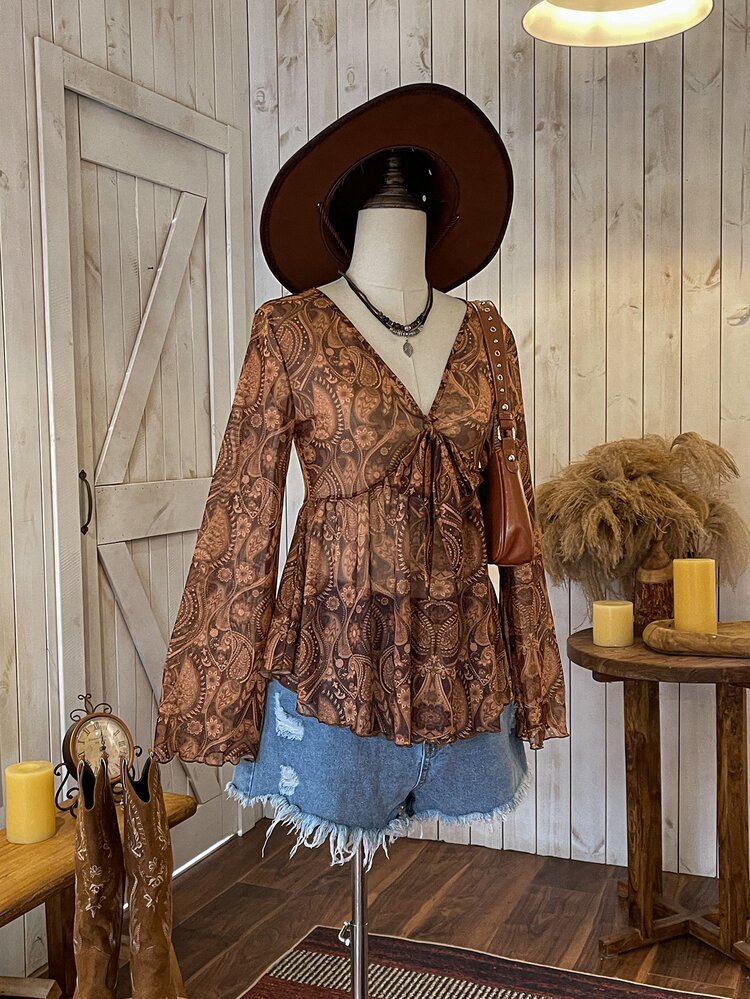 Coeurva Vacation Paisley Print Tie Front Ruffle Hem Women Summer Shirt - Coffee Brown - View 5