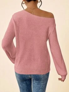 Coeurva Women's Sweet Asymmetrical Shoulder Long Sleeve Pullover Sweater - Pink - View 4