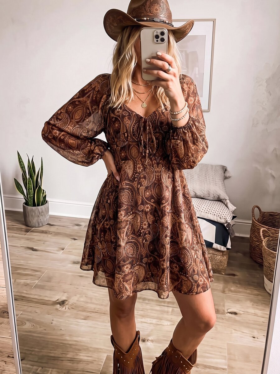 Coeurva Sweetheart Collar Long Sleeve Fitted Beach Knit Mini Dress,Sun Dress,Summer Dresses For Women,Country - Coffee - View 1