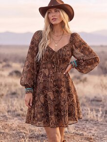 Coeurva Sweetheart Collar Long Sleeve Fitted Beach Knit Mini Dress,Sun Dress,Summer Dresses For Women,Country - Coffee - View 2