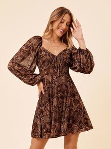 Coeurva Sweetheart Collar Long Sleeve Fitted Beach Knit Mini Dress,Sun Dress,Summer Dresses For Women,Country - Coffee - View 3