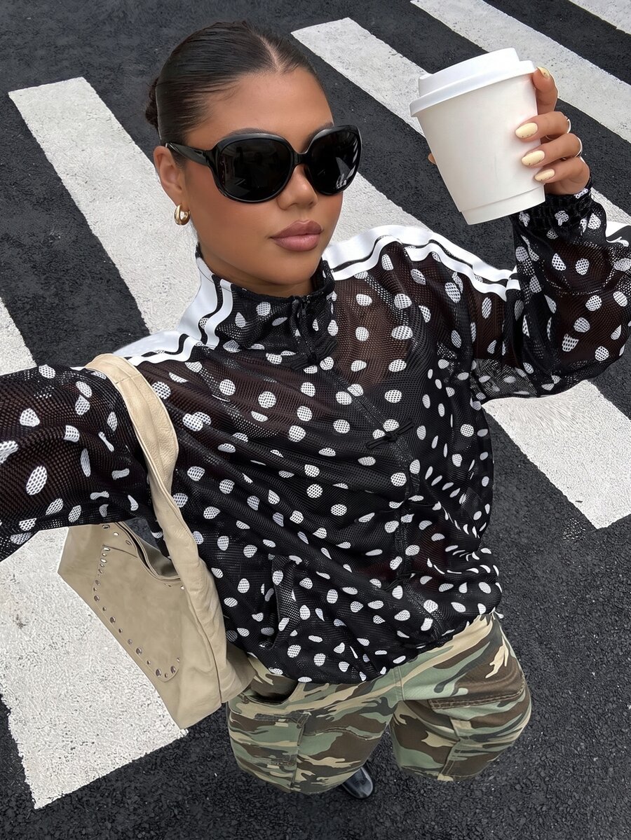 Muchica Plus Size Women's Black Casual Baggy Streetwear Anti Social Versatile Long Sleeve Jacket Going Out Holiday Office Fall - Black and White - View 1