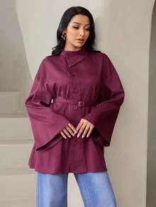 Veilorie Women's Striped Single-Breasted Long Sleeve Casual Commuter Shirt - Burgundy - View 5