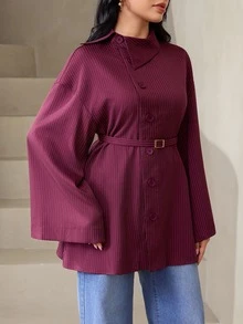 Veilorie Women's Striped Single-Breasted Long Sleeve Casual Commuter Shirt - Burgundy - View 3