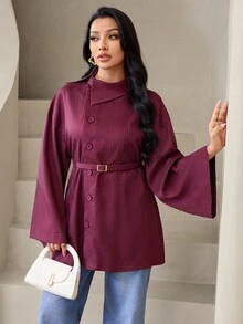 Veilorie Women's Striped Single-Breasted Long Sleeve Casual Commuter Shirt - Burgundy - View 6