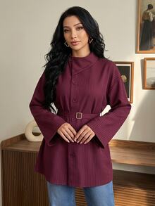 Veilorie Women's Striped Single-Breasted Long Sleeve Casual Commuter Shirt - Burgundy - View 1