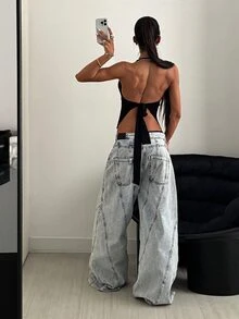 StreetHx 女式哥特式修身细肩带纯色吊带背心，春夏季 - 黑色 - 查看 3