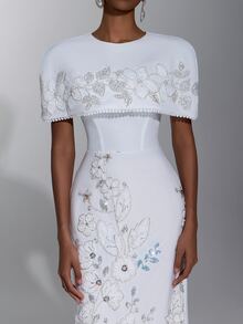 Elitara Elegant Formal White Sequin Embroidered Patchwork Knit Two Pieces Set Round Neck Long Evening Wedding Formal Dress Fall - White - View 6