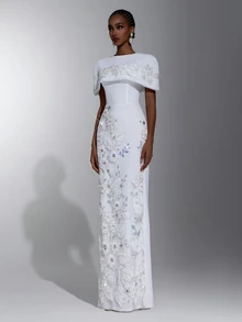 Elitara Elegant Formal White Sequin Embroidered Patchwork Knit Two Pieces Set Round Neck Long Evening Wedding Formal Dress Fall - White - View 7
