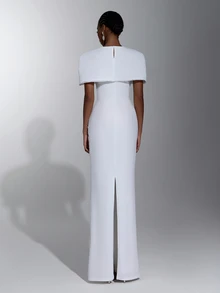 Elitara Elegant Formal White Sequin Embroidered Patchwork Knit Two Pieces Set Round Neck Long Evening Wedding Formal Dress Fall - White - View 3