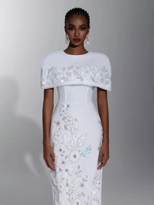 Elitara Elegant Formal White Sequin Embroidered Patchwork Knit Two Pieces Set Round Neck Long Evening Wedding Formal Dress Fall - White - View 2