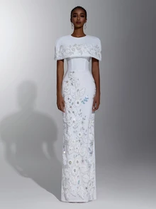 Elitara Elegant Formal White Sequin Embroidered Patchwork Knit Two Pieces Set Round Neck Long Evening Wedding Formal Dress Fall - White - View 4