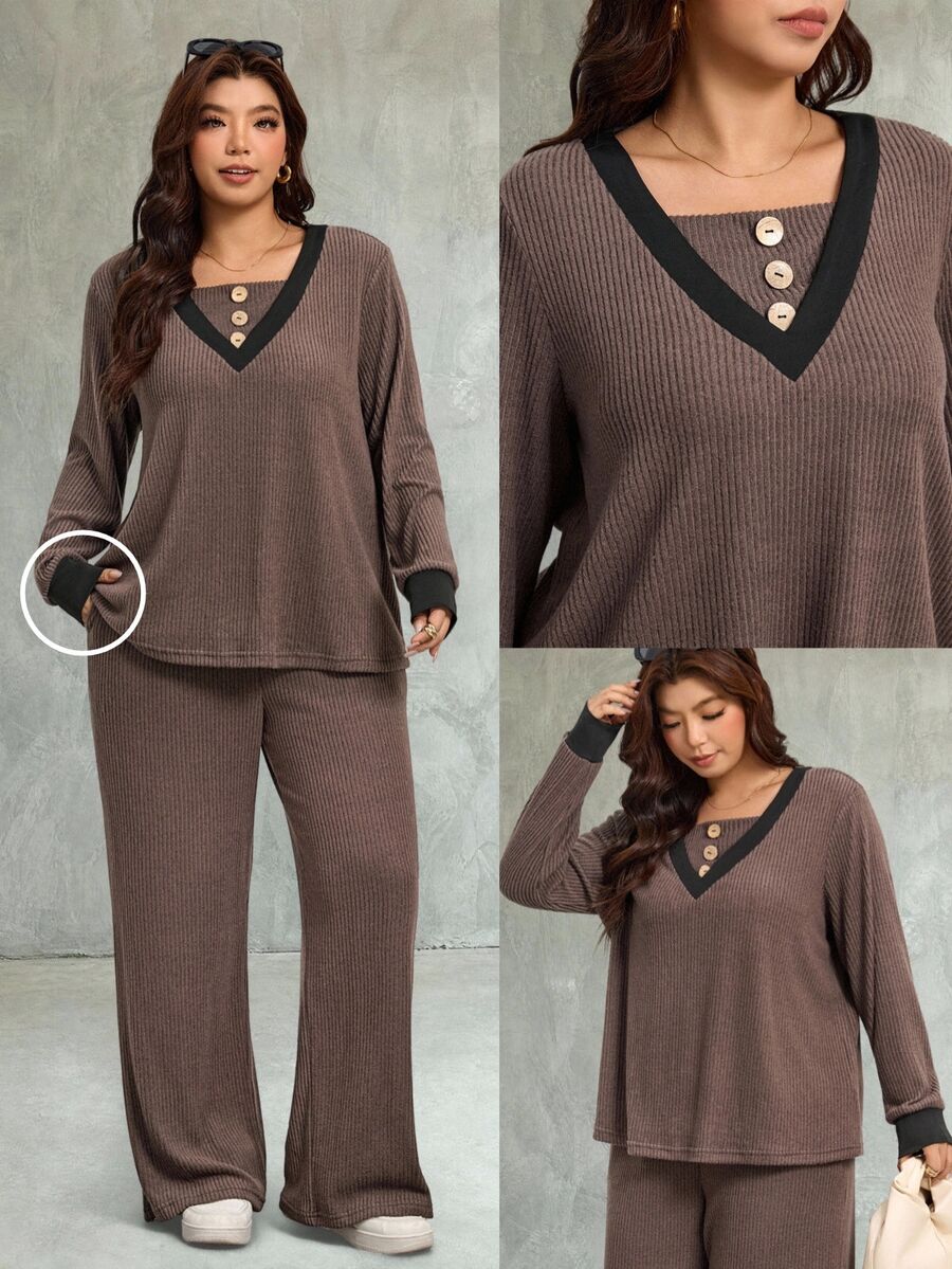 SHEIN LUNE 2pcs Plus Size Casual Solid Color Long Sleeve Top And Camo Print Pants Set Fall - Multicolor - View 1