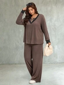 SHEIN LUNE 2pcs Plus Size Casual Solid Color Long Sleeve Top And Camo Print Pants Set Fall - Multicolor - View 4