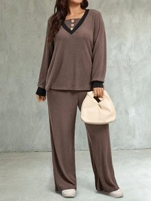 SHEIN LUNE 2pcs Plus Size Casual Solid Color Long Sleeve Top And Camo Print Pants Set Fall - Multicolor - View 5