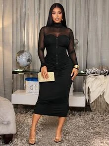 SOLERSUN Plus Size Women's Stand Collar Mesh Long Sleeve Colorblock Fabric Decor Button Bodycon Midi Dress, Casual And Party Fall - Black - View 4