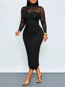 SOLERSUN Plus Size Women's Stand Collar Mesh Long Sleeve Colorblock Fabric Decor Button Bodycon Midi Dress, Casual And Party Fall - Black - View 7