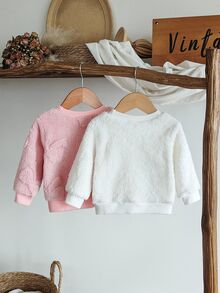 SHEIN 女嬰可愛蝴蝶結保暖加絨衛衣 毛絨長袖休閒仙氣抓絨上衣 圓領 秋冬節日款 淡粉色白色 - 彩色 - 查看 2
