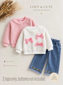 SHEIN 女嬰可愛蝴蝶結保暖加絨衛衣 毛絨長袖休閒仙氣抓絨上衣 圓領 秋冬節日款 淡粉色白色 - 彩色 - 查看 3
