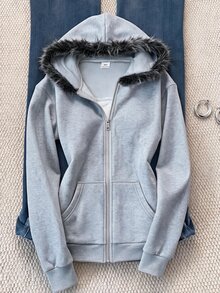 SHEIN Tween Girls Casual Sports Kids Grey Pony Embroidery Decor Hooded Open Front Autumn Winter Sweatshirt Tween Girl - Grey - View 4