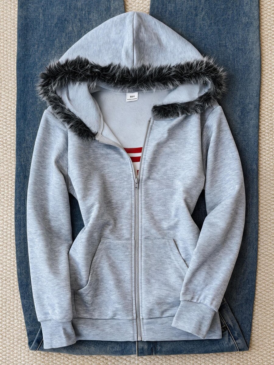 SHEIN Tween Girls Casual Sports Kids Grey Pony Embroidery Decor Hooded Open Front Autumn Winter Sweatshirt Tween Girl - Grey - View 1